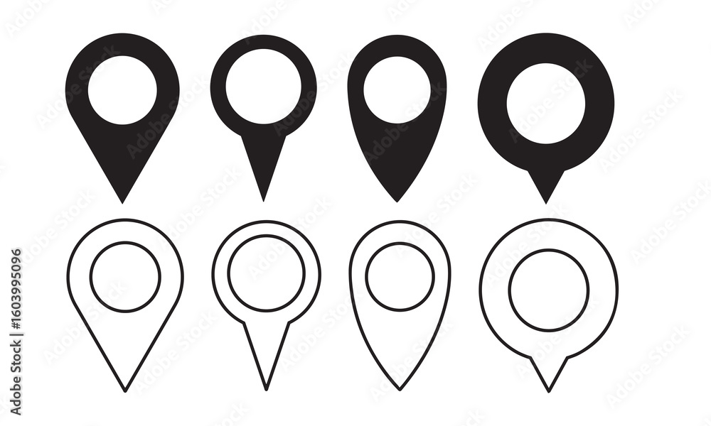 Location Pin Icon Set. Solid Black and Outlined Map Marker Variants for Navigation and UI Design.