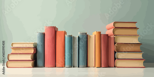 A row of colorful books stacked neatly on a white surface against a light-toned background.