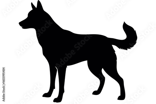 Silhouette of a standing dog with pointed ears and a bushy tail in a side view on a white background created with generated ai