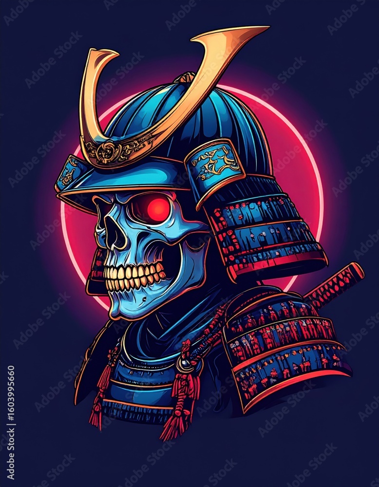 Naklejka premium A glowing-eyed skull wearing detailed blue samurai armor and helmet, set against a red circular backdrop.