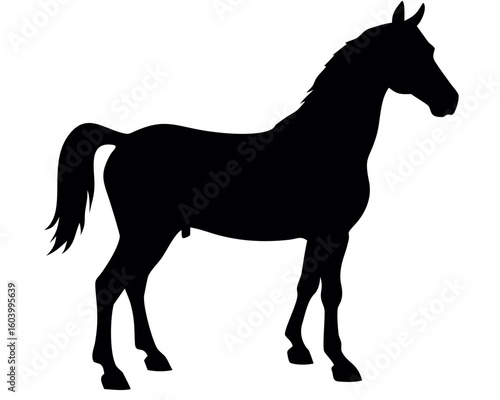 Silhouette of a horse standing calmly with a well defined mane and tail against a white background space created with generated ai