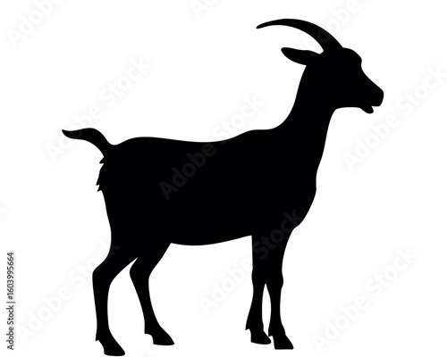 Silhouette of a goat standing sideways with a short tail and curved horns in a black and white image created with generated ai
