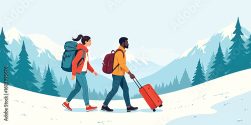 A couple hikes through a snowy mountain landscape, pulling a suitcase.