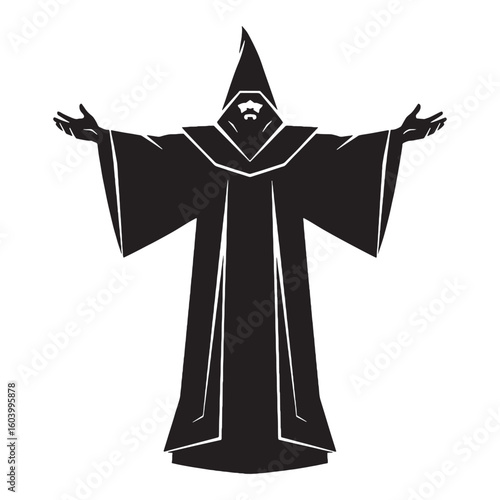 Dark spells in midnight air – Sorcerer silhouette conjured from ancient Sorcerer vector – Sorcerer illustration – Halloween vector

