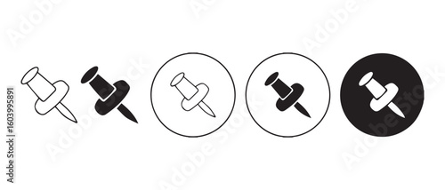 Push Pin Icon Collection. Outline, Circular, and Filled Variants for Notes, Maps, and UI Design.