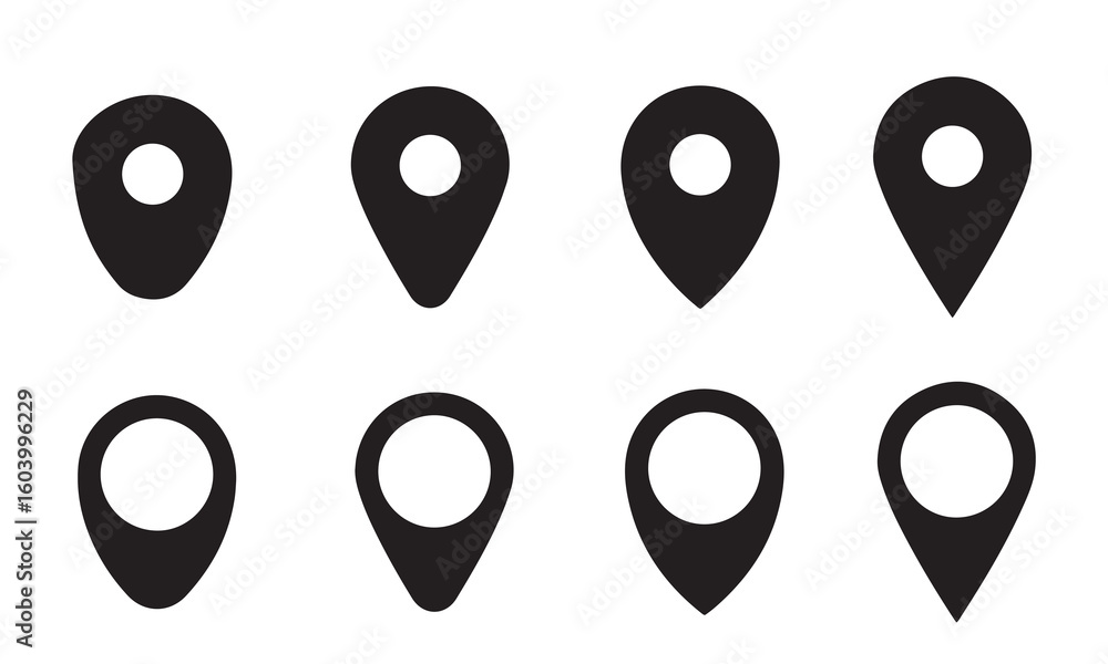 Location Pin Icon Collection. Outline and Solid Map Marker Variants for Navigation and UI Design.