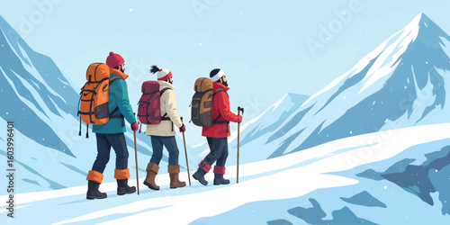 Three hikers with backpacks and poles trek through a snowy mountain landscape.