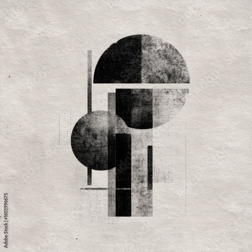 Abstract geometric design with circles and vertical shapes on a textured background