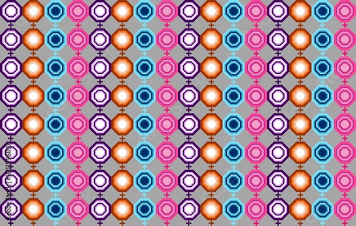 A bold and dynamic geometric pattern featuring layered hexagons in shades of blue, pink, orange, and purple against a gray backdrop. perfect for digital prints, textiles, and modern backgrounds