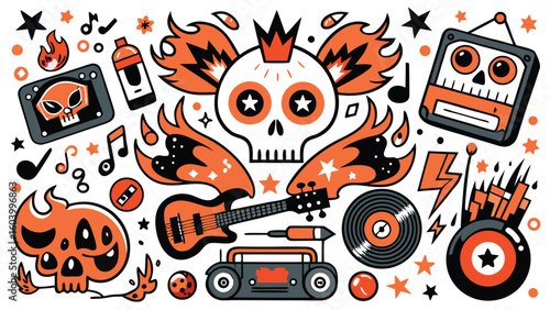 Bold orange and black rock and roll themed illustration featuring skulls music notes and instruments with transparency