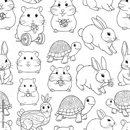 A cute and simple pattern featuring hamsters, rabbits, and turtles engaged in various activities