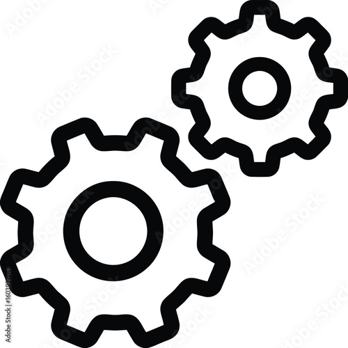 Two Interacting Gears in Black Outline Style – Minimal Mechanical Vector Illustration for Engineering Design