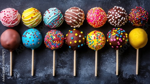Colorful Cake Pops Collection on Dark Surface Displayed in Row
