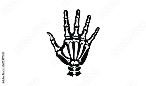 Skeleton hand reaching upward in a black and white illustration