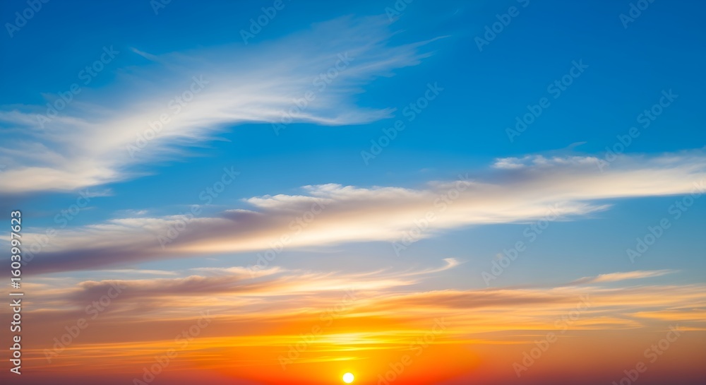 Fototapeta premium Vibrant sunset with wispy clouds streaking across the bright blue sky above