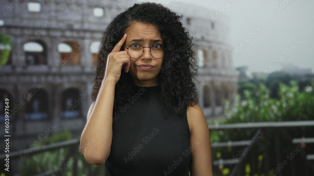 Fototapeta premium Young hispanic woman finger to head gesture by roman colosseum building outdoors in daylight on a street balcony; curiosity.
