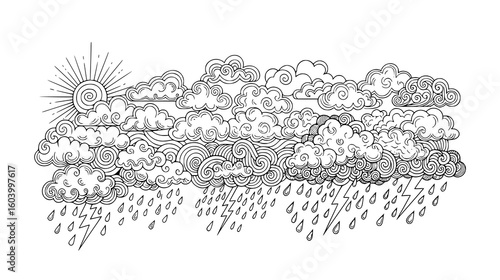 Sun and storm clouds with rain and lightning, a dynamic weather illustration