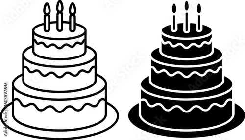Black and white line art and solid silhouette of a three tiered birthday cake with candles celebration