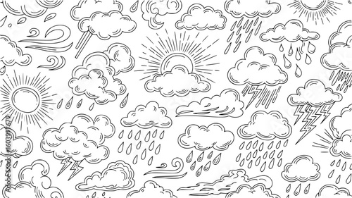 A collage of weather elements including sun, clouds, rain, lightning, and wind