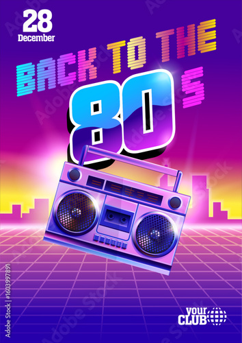 Back to the 80's party eighties style poster design. Boombox recorder. Geometrical composition with city skyline. Editable EPS 10 vector	
