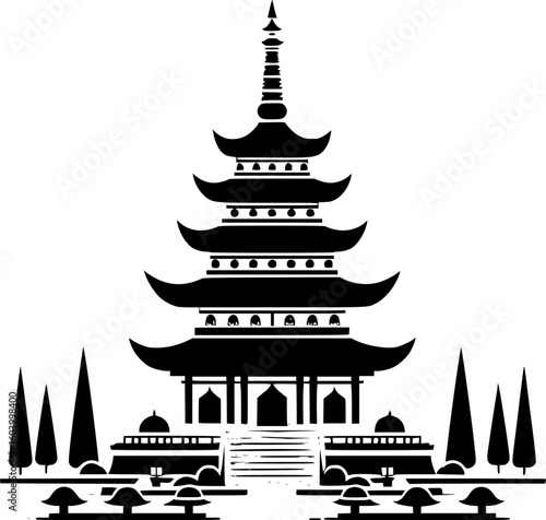 black and white flat vector of a buddhist stupa icon, balanced minimalist architecture