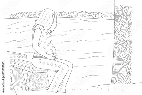 Peaceful line art illustration of an expecting woman sitting outdoors, hands on her baby bump, symbolizing anticipation and tranquility.