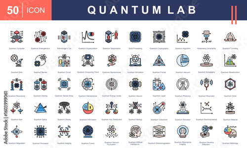 Quantum Lab icon set featuring symbols of quantum computing, entanglement, tunneling, photonics, and AI. Ideal for research, quantum physics, tech innovation, and futuristic science projects.