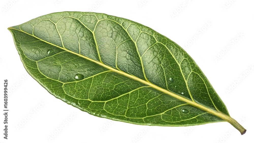Obraz premium Leaf's Intricate Details: Close-up of a vibrant green leaf, with water droplets on its surface, shows the detailed textures and patterns, perfect for illustrating natural and organic concepts.