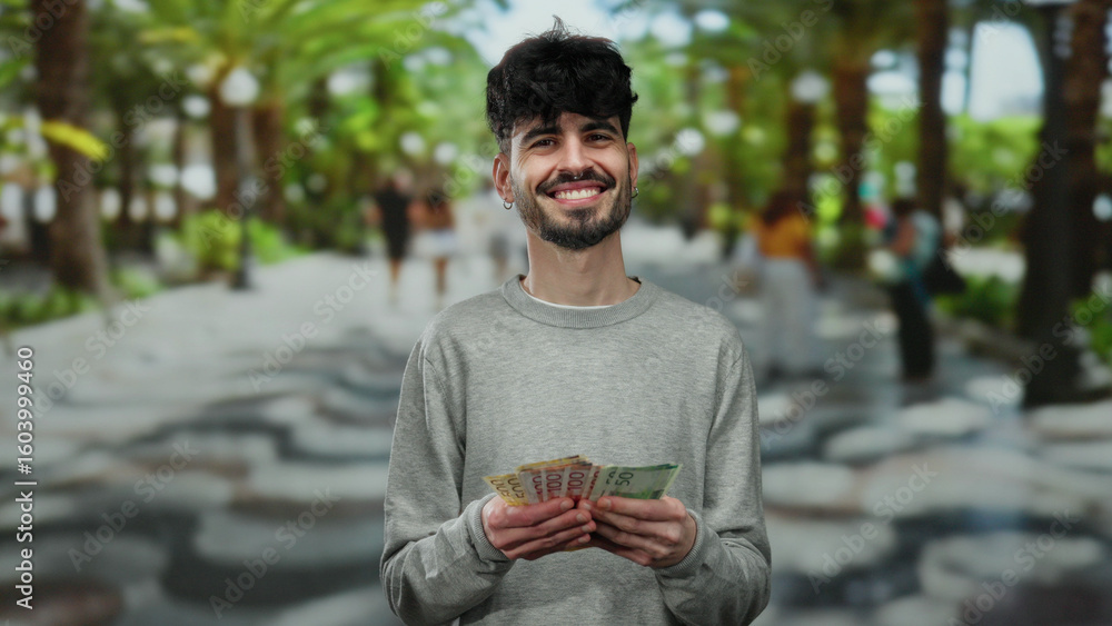 Fototapeta premium Man smiling while holding norwegian krone banknotes on a vibrant urban street with palm trees in the background, showcasing an outdoor financial theme.