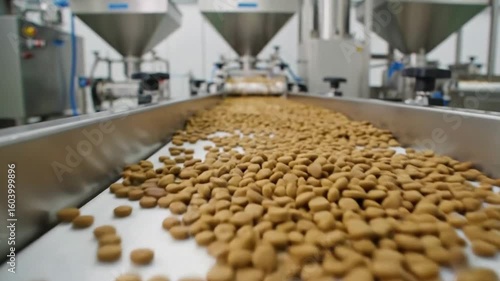 Pet food kibble moves on a conveyor belt in a production line