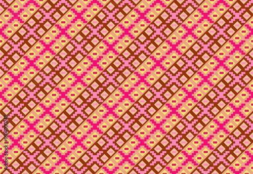 Pixel Weave Tapestry : A vibrant geometric pattern inspired by traditional woven tapestries, featuring pixelated details in warm pink, yellow, and brown hues. 
