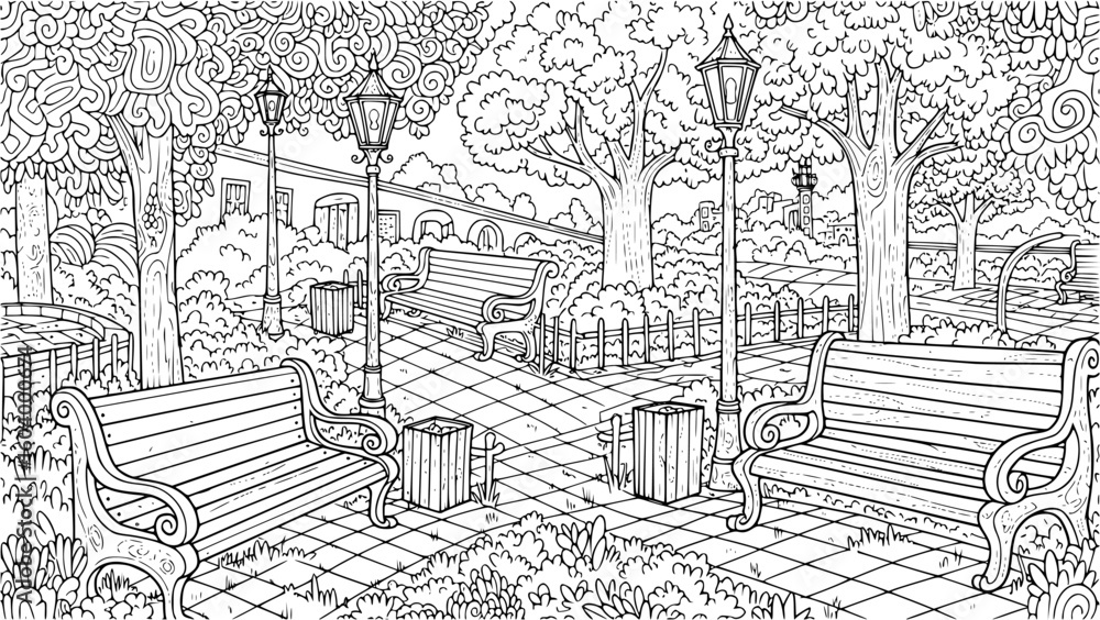 Obraz premium A detailed black and white illustration of a park scene with benches and lampposts