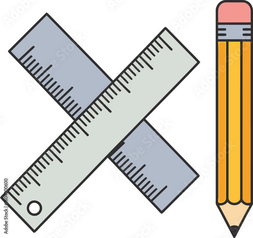 Pencil and ruler vector illustration for drawing and measuring equipment art