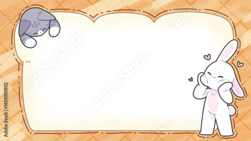 Cute background frame with a picture of bread decorated with a cat and a rabbit.