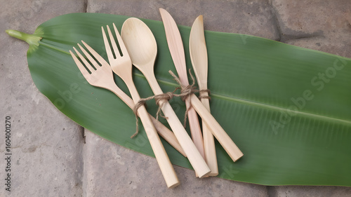 A bamboo cutlery set tied with hemp string, arranged neatly on a banana leaf over a stone table