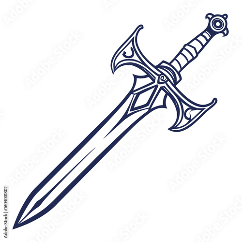 Ornate Fantasy Sword Illustration Double-Edged Blade with Intricate Hilt and Mythical Design for Gaming, Storytelling, and Iconography