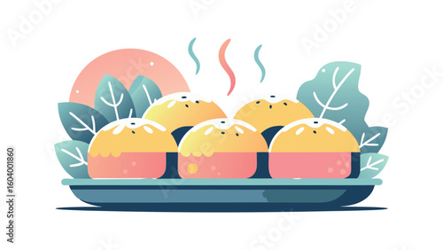 Flat vector illustration of steaming dinner rolls on blue plate with green leaves, cozy fresh bakery food and holiday meal concept