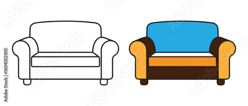 Minimalist Sofa Icons. Outline vs. Colorful Furniture Illustrations for Interior Design and UI Graphics.