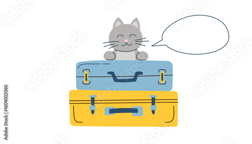 Cat with luggage. Concept of travel with pet. Illustration of cat put its paws on the suitcase and speechbubble. Vector flat clipart.