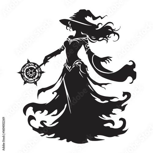 The enchantress in twilight – Sorceress silhouette formed from ancient Sorceress vector – Sorceress illustration – Halloween vector

