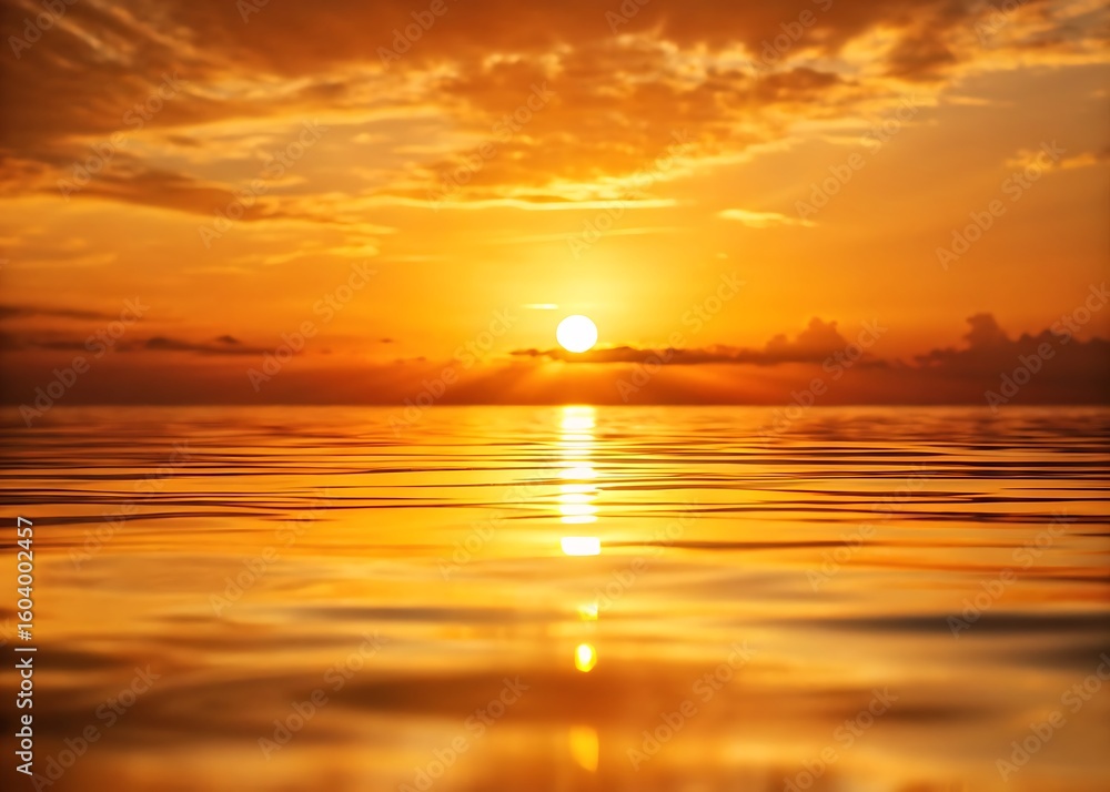 Naklejka premium Golden sunrise reflecting on peaceful ocean waves in a warm tropical glow.