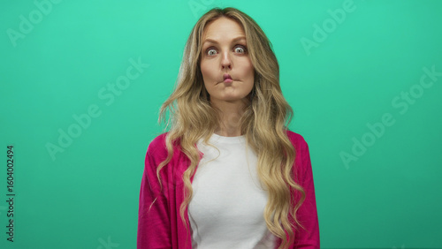 Woman making funny face with puckered lips stands against bright green background wearing pink sweater and white shirt blonde hair adding playful charm to scene
