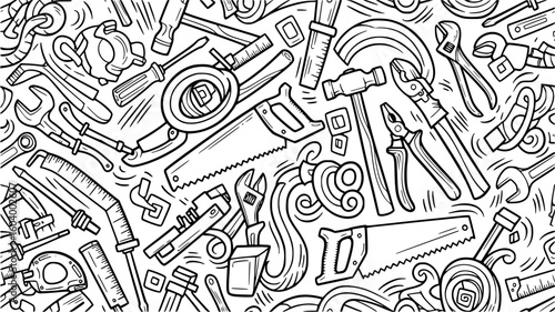 A chaotic pattern of various hand tools, including hammers, saws, wrenches, and pliers, isolated on white background