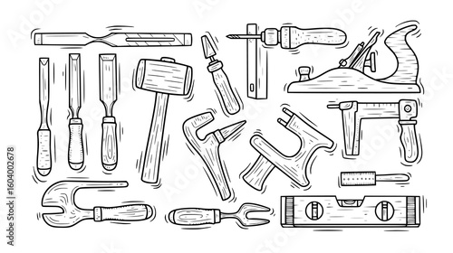 A collection of woodworking and carpentry tools, including chisels, a hammer, a plane, and a level, isolated on white background