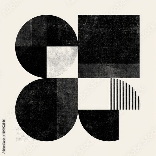 Abstract graphic design.  Geometric shapes ? circles, squares, and rectangles ? arranged in a symmetrical pattern.  Black and white.  Textured effect