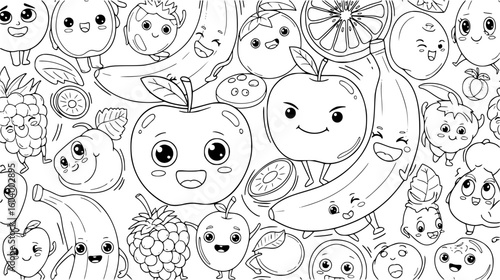 A delightful collection of kawaii fruits with happy faces, perfect for coloring pages and designs
