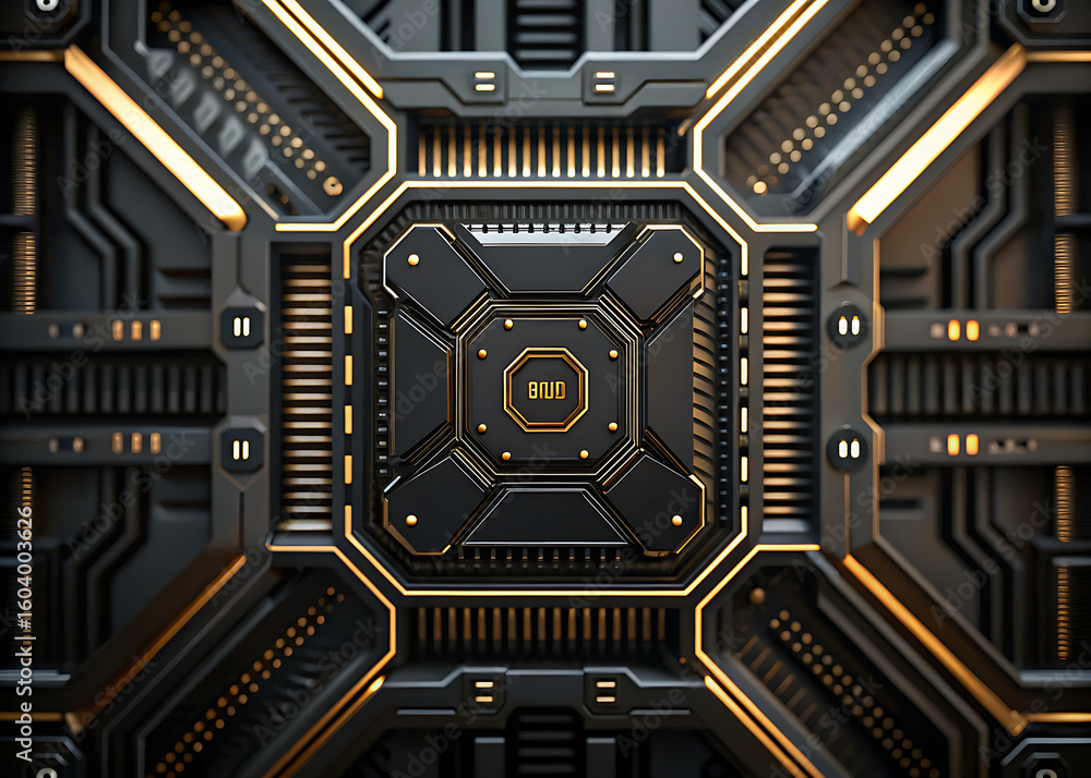 Fototapeta premium Industrial tech panel with embedded core processor and futuristic golden vent patterns