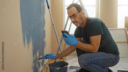 Tableau sur toile Man painting wall with phone in hand, wearing gloves, in new home living room, indicating a diy project in a modern apartment setting for mature male interior design enthusiasts