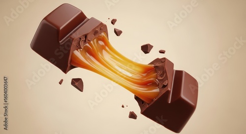 A broken chocolate bar with a gooey caramel filling is suspended in the air with pieces flying off against a warm neutral background