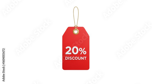 A red tag with twenty percent discount and a string for hanging on a white background image view